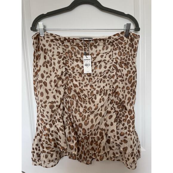NWT Express Women’s Ruched Cheetah Leopard Print Skirt Size 14 Large Tan Brown - Picture 1 of 8